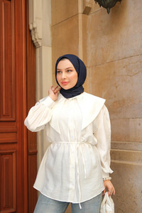 Bebe Yaka Bel Bağlamalı Gömlek Beyaz