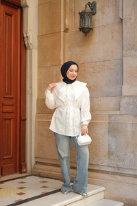 Bebe Yaka Bel Bağlamalı Gömlek Beyaz