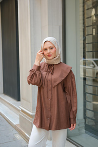 Bebe Yaka Bel Bağlamalı Gömlek Kahverengi