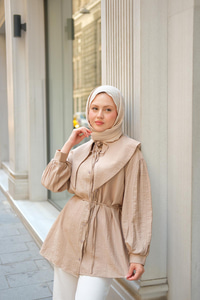 Bebe Yaka Bel Bağlamalı Gömlek Vizon