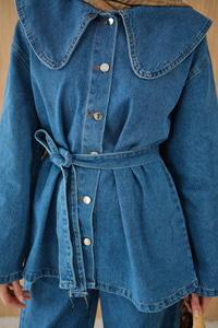 Bebe Yaka Bel Bağlamalı Kot Takım Buz Mavi