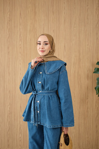 Bebe Yaka Bel Bağlamalı Kot Takım Buz Mavi