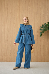 Bebe Yaka Bel Bağlamalı Kot Takım Buz Mavi