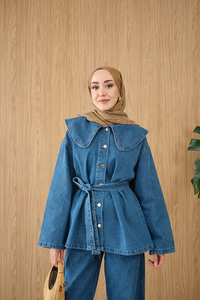 Bebe Yaka Bel Bağlamalı Kot Takım Buz Mavi