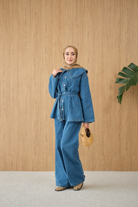 Bebe Yaka Bel Bağlamalı Kot Takım Buz Mavi