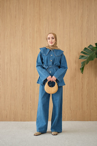 Bebe Yaka Bel Bağlamalı Kot Takım Buz Mavi