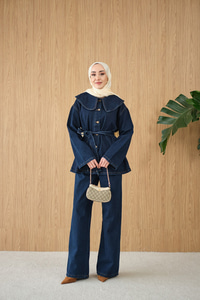 Bebe Yaka Bel Bağlamalı Kot Takım Lacivert