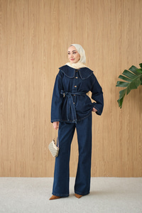 Bebe Yaka Bel Bağlamalı Kot Takım Lacivert