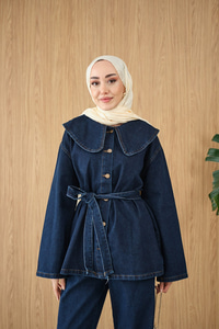 Bebe Yaka Bel Bağlamalı Kot Takım Lacivert