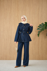 Bebe Yaka Bel Bağlamalı Kot Takım Lacivert