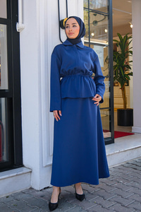 Bebe Yaka Bel Büzgülü Etekli İkili Takım Saks Mavi