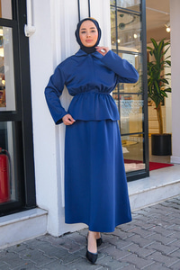 Bebe Yaka Bel Büzgülü Etekli İkili Takım Saks Mavi