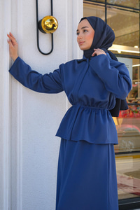 Bebe Yaka Bel Büzgülü Etekli İkili Takım Saks Mavi