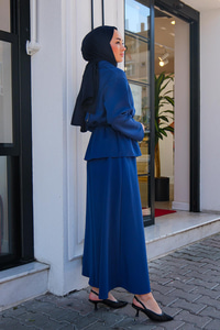 Bebe Yaka Bel Büzgülü Etekli İkili Takım Saks Mavi