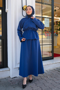 Bebe Yaka Bel Büzgülü Etekli İkili Takım Saks Mavi