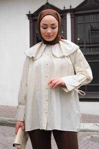 Bebe Yaka Bocuk Detay Gömlek Krem