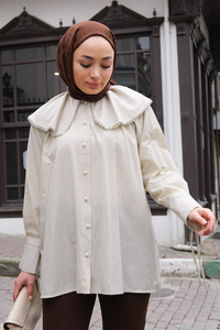 Bebe Yaka Bocuk Detay Gömlek Krem