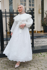 Bebe Yaka Dantel Detay Elbise Beyaz