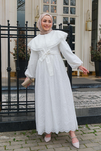 Bebe Yaka Dantel Detay Elbise Beyaz