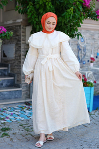 Bebe Yaka Dantel Detay Elbise Krem