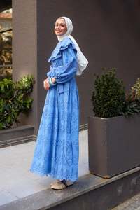 Bebe Yaka Dantel Detay Elbise Mavi