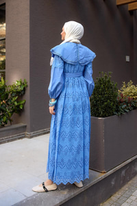 Bebe Yaka Dantel Detay Elbise Mavi