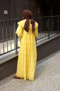 Bebe Yaka Dantel Detay Elbise Sarı