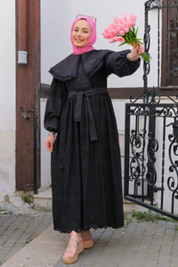 Bebe Yaka Dantel Detay Elbise  Siyah