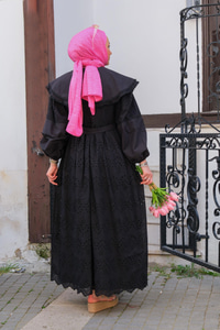 Bebe Yaka Dantel Detay Elbise  Siyah