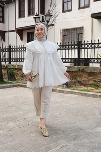 Bebe Yaka Dantel Detay Gömlek Beyaz