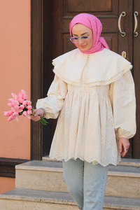 Bebe Yaka Dantel Detay Gömlek Krem