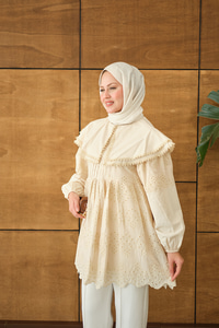 Bebe Yaka Dantel Detay Gömlek Krem