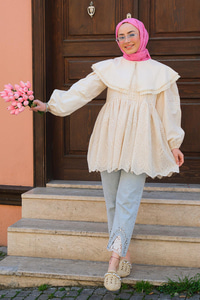 Bebe Yaka Dantel Detay Gömlek Krem