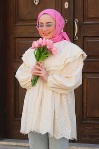 Bebe Yaka Dantel Detay Gömlek Krem