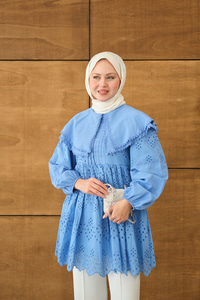 Bebe Yaka Dantel Detay Gömlek Mavi