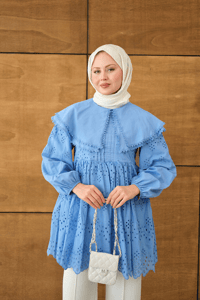 Bebe Yaka Dantel Detay Gömlek Mavi