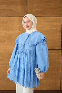 Bebe Yaka Dantel Detay Gömlek Mavi