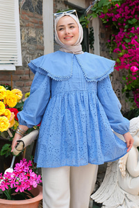 Bebe Yaka Dantel Detay Gömlek Mavi