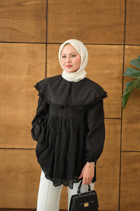 Bebe Yaka Dantel Detay Gömlek Siyah