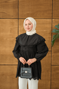Bebe Yaka Dantel Detay Gömlek Siyah