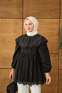 Bebe Yaka Dantel Detay Gömlek Siyah