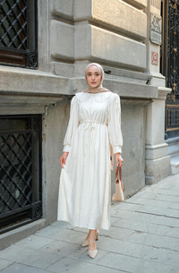 BEBE YAKA DANTEL DETAYLI ELBISE EKRU