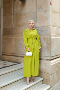 BEBE YAKA DANTEL DETAYLI ELBISE  Yeşil