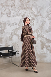 Bebe Yaka Ekose Desen Etekli Takım Kahverengi