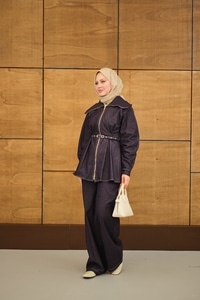 Bebe Yaka Kemer Bağlamalı Fermuarlı Pantolonlu Takım Mor