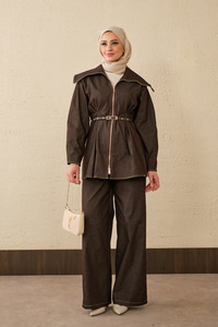 Bebe Yaka Kemer Bağlamalı Fermuarlı Pantolonlu Takım Kahverengi