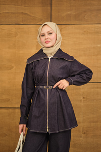 Bebe Yaka Kemer Bağlamalı Fermuarlı Pantolonlu Takım Mor