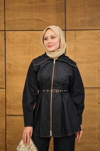 Bebe Yaka Kemer Bağlamalı Fermuarlı Pantolonlu Takım Lacivert