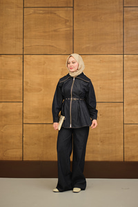 Bebe Yaka Kemer Bağlamalı Fermuarlı Pantolonlu Takım Lacivert