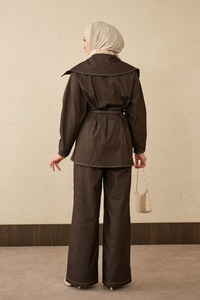 Bebe Yaka Kemer Bağlamalı Fermuarlı Pantolonlu Takım Kahverengi